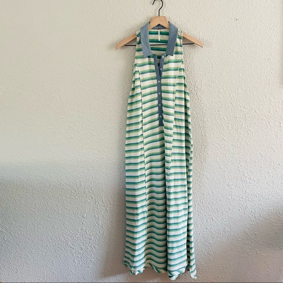Free People Dresses & Skirts - Free People Green & Cream Striped Button Front Maxi Dress